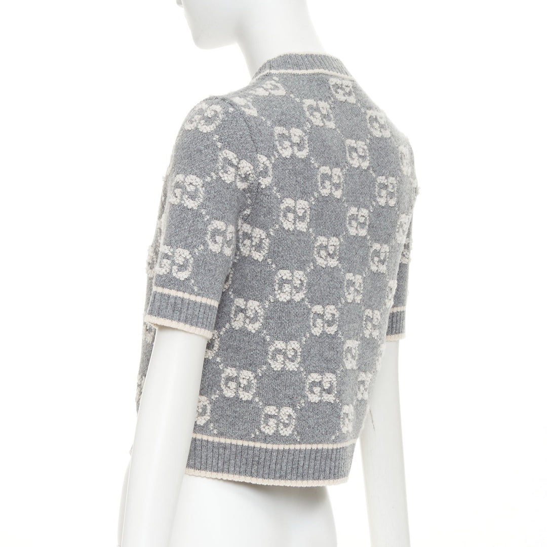 GUCCI grey pale pink wool GG monogram intarsia boucle crop sweater XS