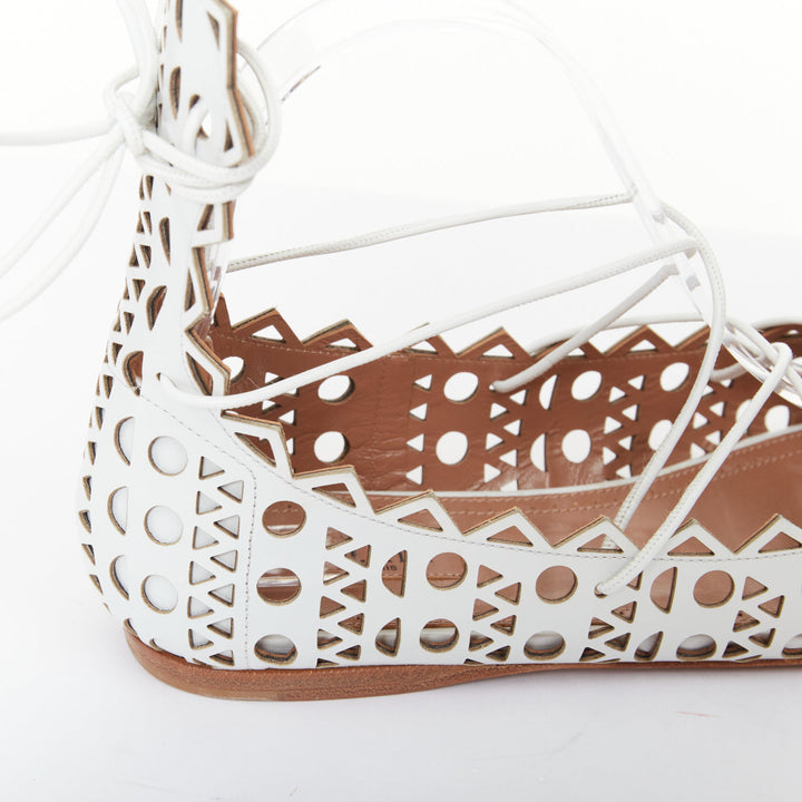 ALAIA Vienne white leather laser cut perforated lace up ballerina flats EU37