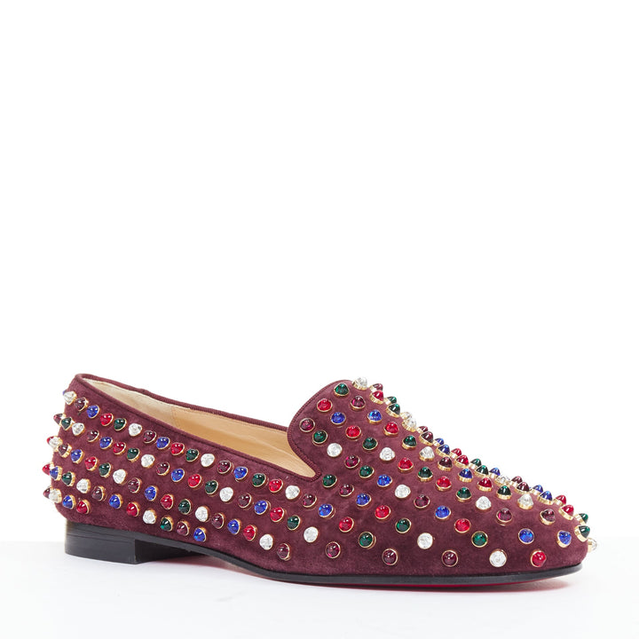 CHRISTIAN LOUBOUTIN burgundy suede jewel tone gripoix stone stud loafers EU36.5