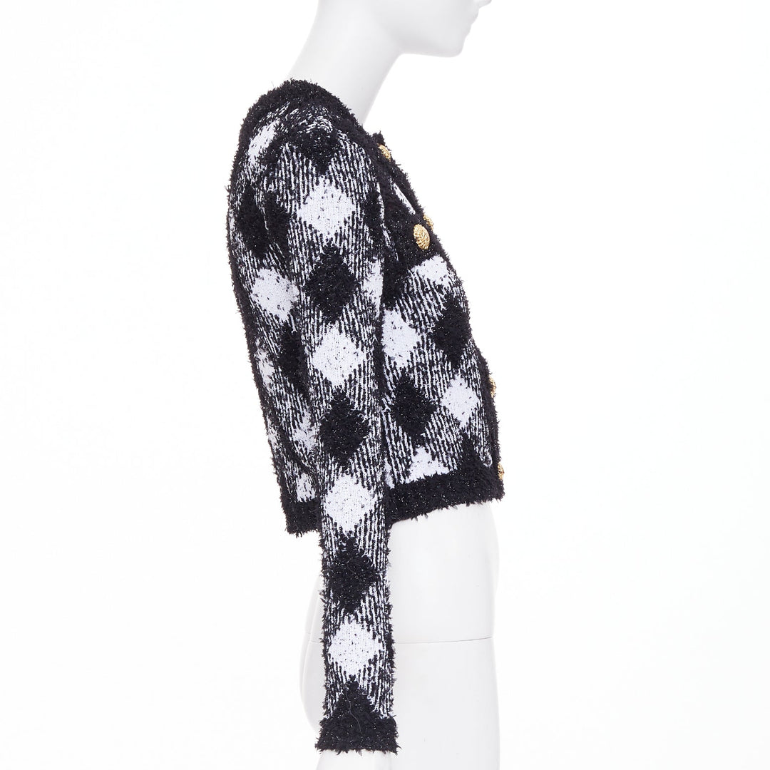 BALMAIN 2023 metallic vichy plaid houndstooth check knit crop cardigan FR34 XS