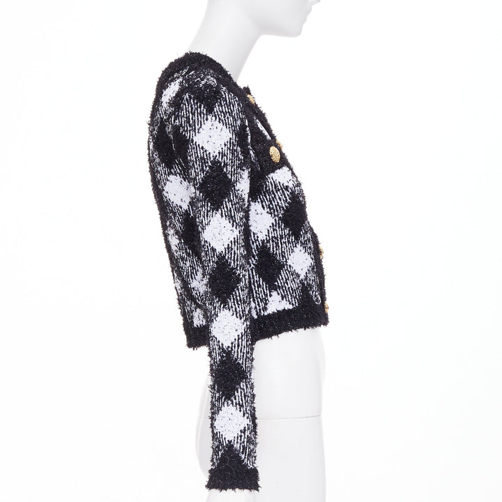 BALMAIN 2023 metallic vichy plaid houndstooth check knit crop cardigan FR34 XS
