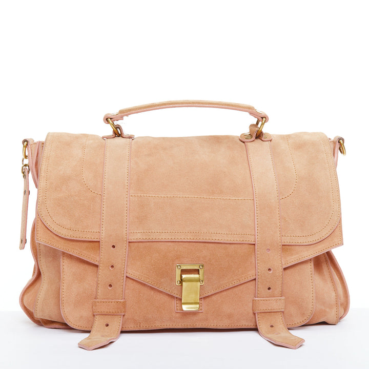 PROENZA SCHOULER PS1 beige suede gold buckle top handle crossbody satchel bag