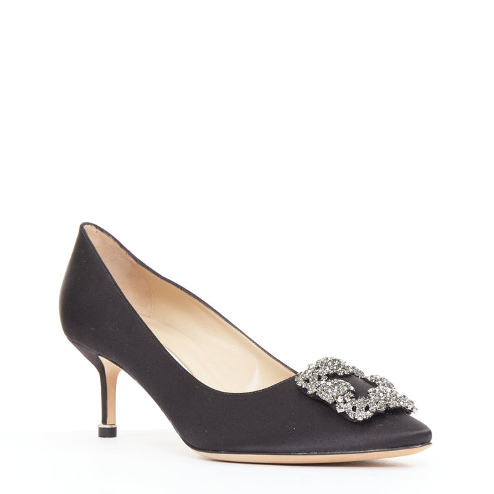 MANOLO BLAHNIK Hangisi black satin crystal brooch buckle heeled pumps EU38