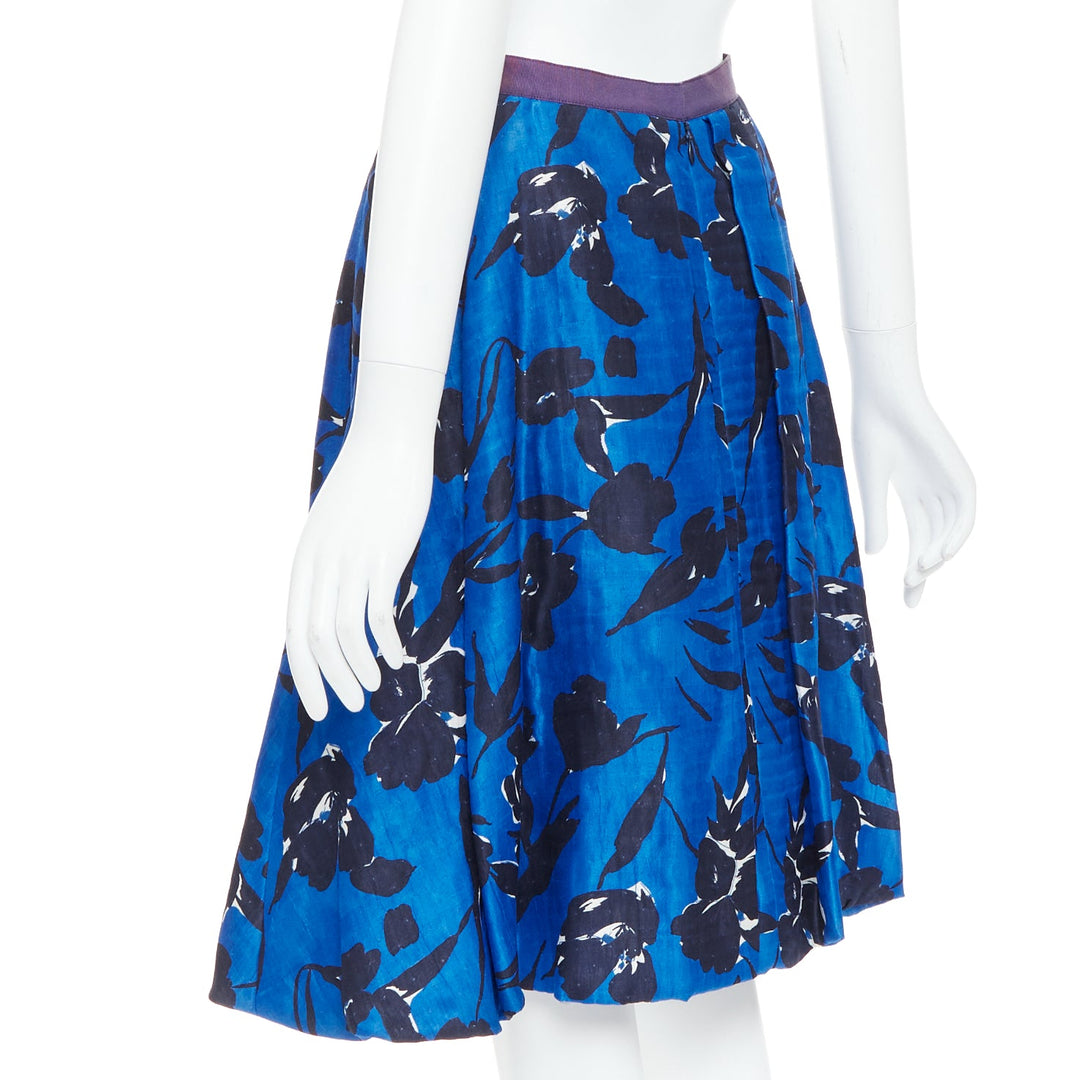 OSCAR DE LA RENTA S07 blue black silk cotton floral print full midi skirt US2 S