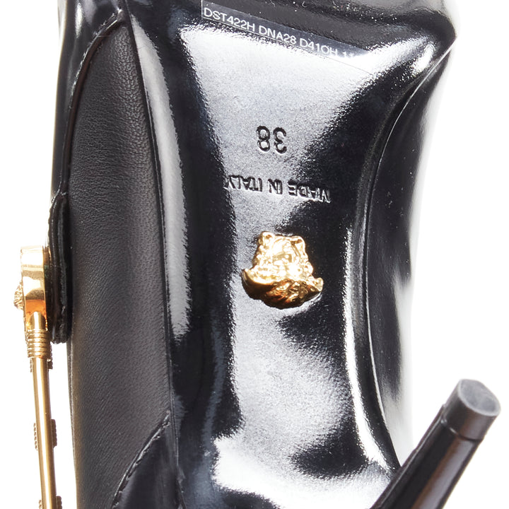 VERSACE gold Medusa Punk Safety Pin black leather kitten heel bootie EU37