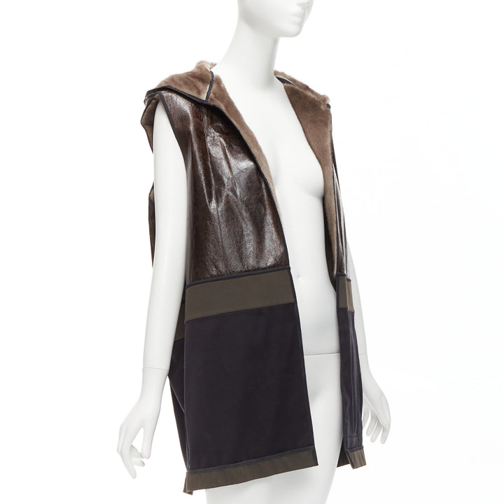 MARNI Mink Gilet Reversible brown colorblocked textured fur hooded vest IT40 S