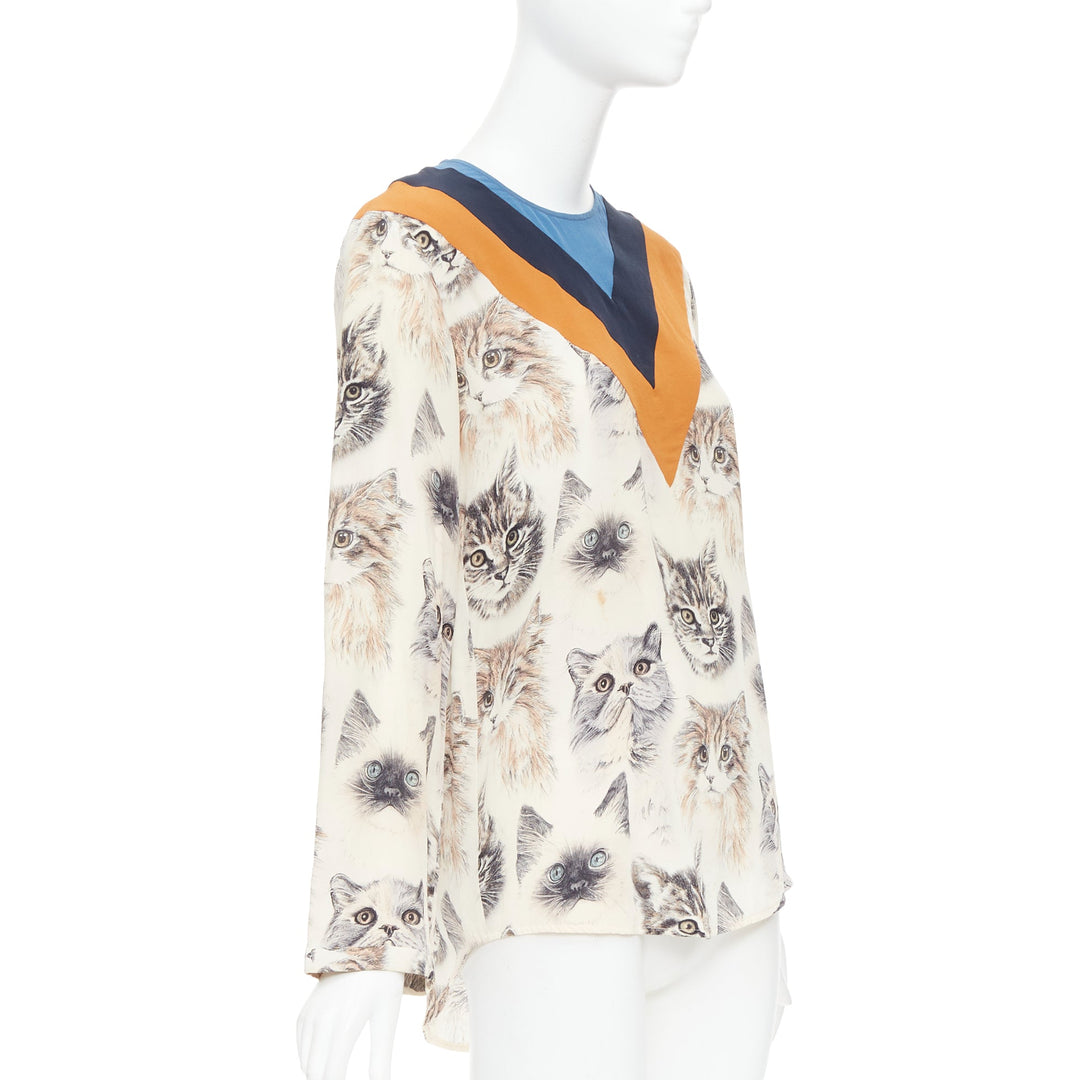 STELLA MCCARTNEY 2016 100% silk  beige orange cat print blouse IT38 XS