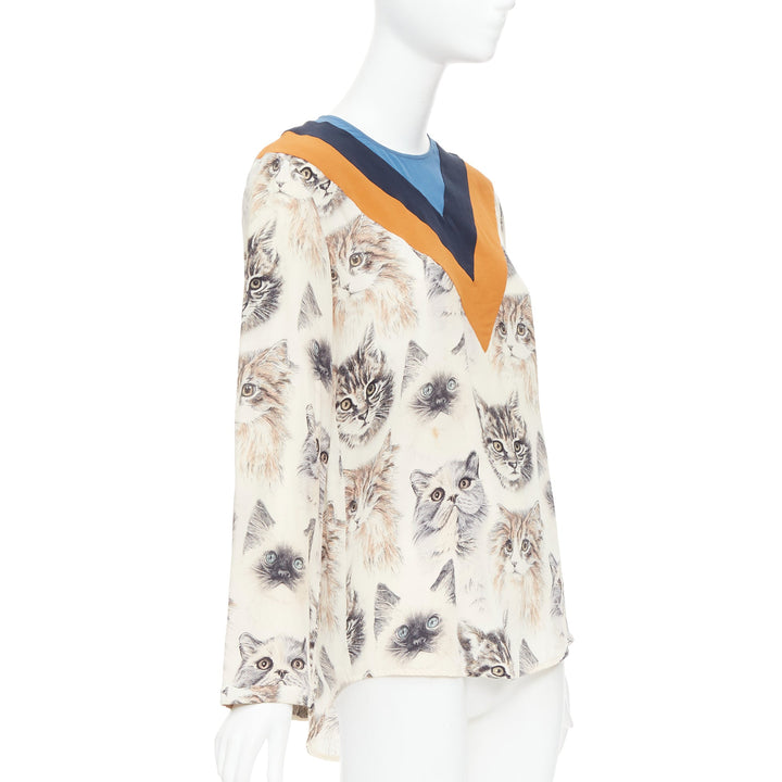 STELLA MCCARTNEY 2016 100% silk  beige orange cat print blouse IT38 XS