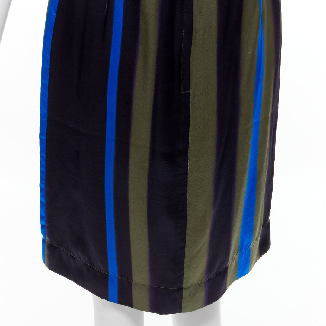 LANVIN 100% silk khaki blue abstract invert darts dress FR36 S