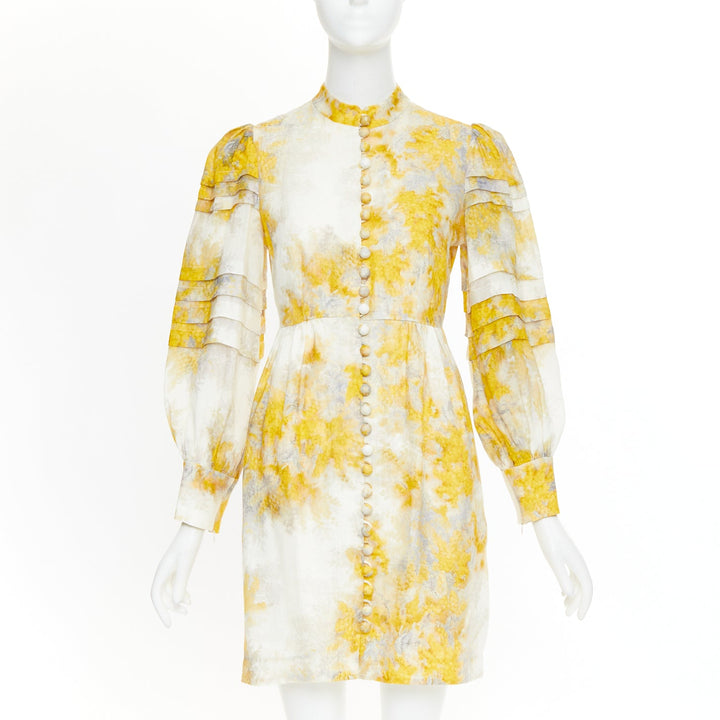 ZIMMERMANN 2021 Botanica yellow grey linen Wattle floral puff sleeve dress Sz1 S