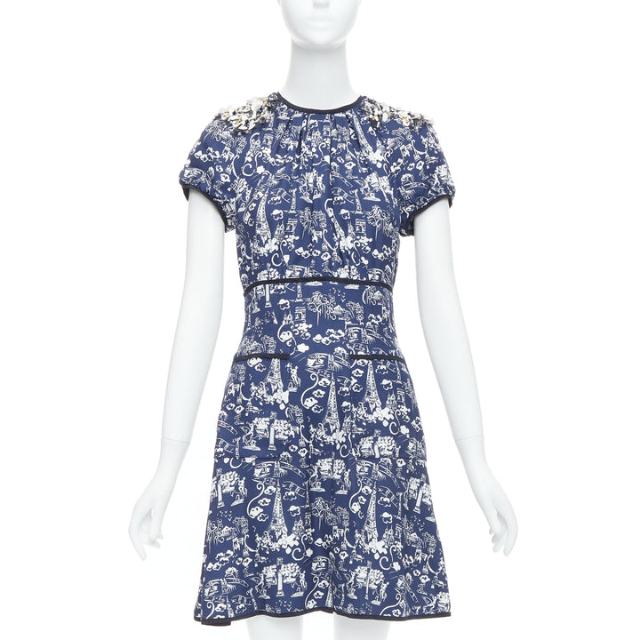 LOUIS VUITTON navy Paris City print embellished neckline dress FR36 S