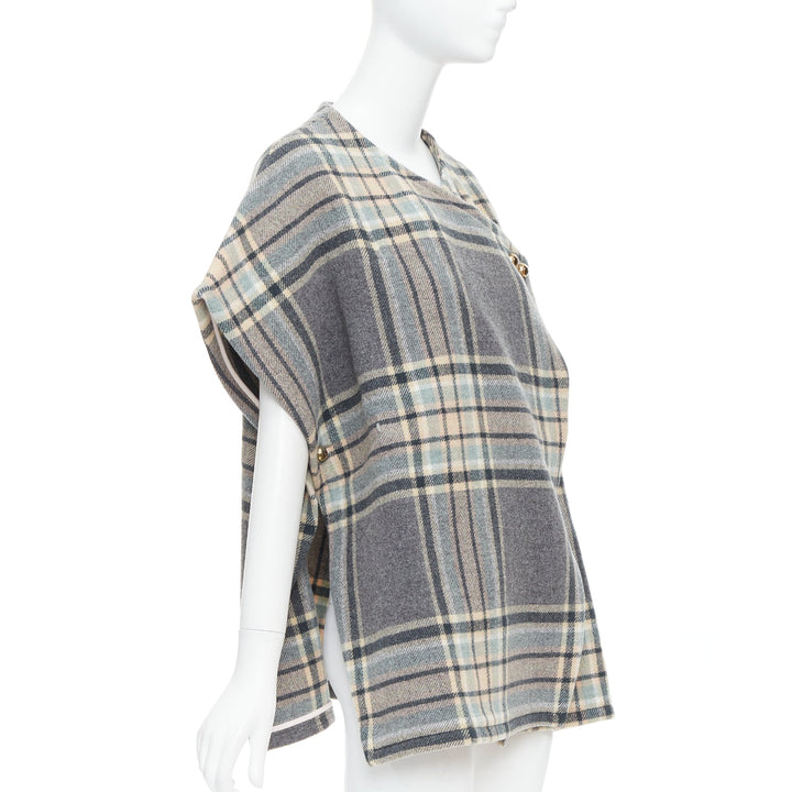 CHLOE grey pink virgin wool blend checked gold buttons cape top T3 XS