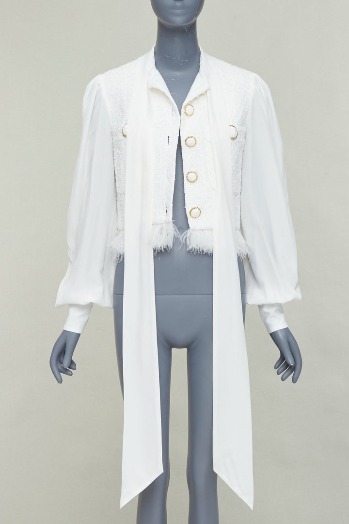 BALMAIN 2024 cream tweed silk sleeves gold lion buttons feather jacket FR36 S