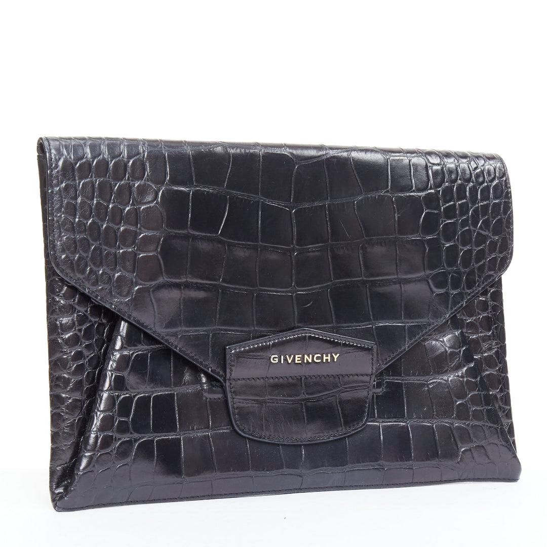 GIVENCHY Antigona black embossed leather silver logo envelope clutch