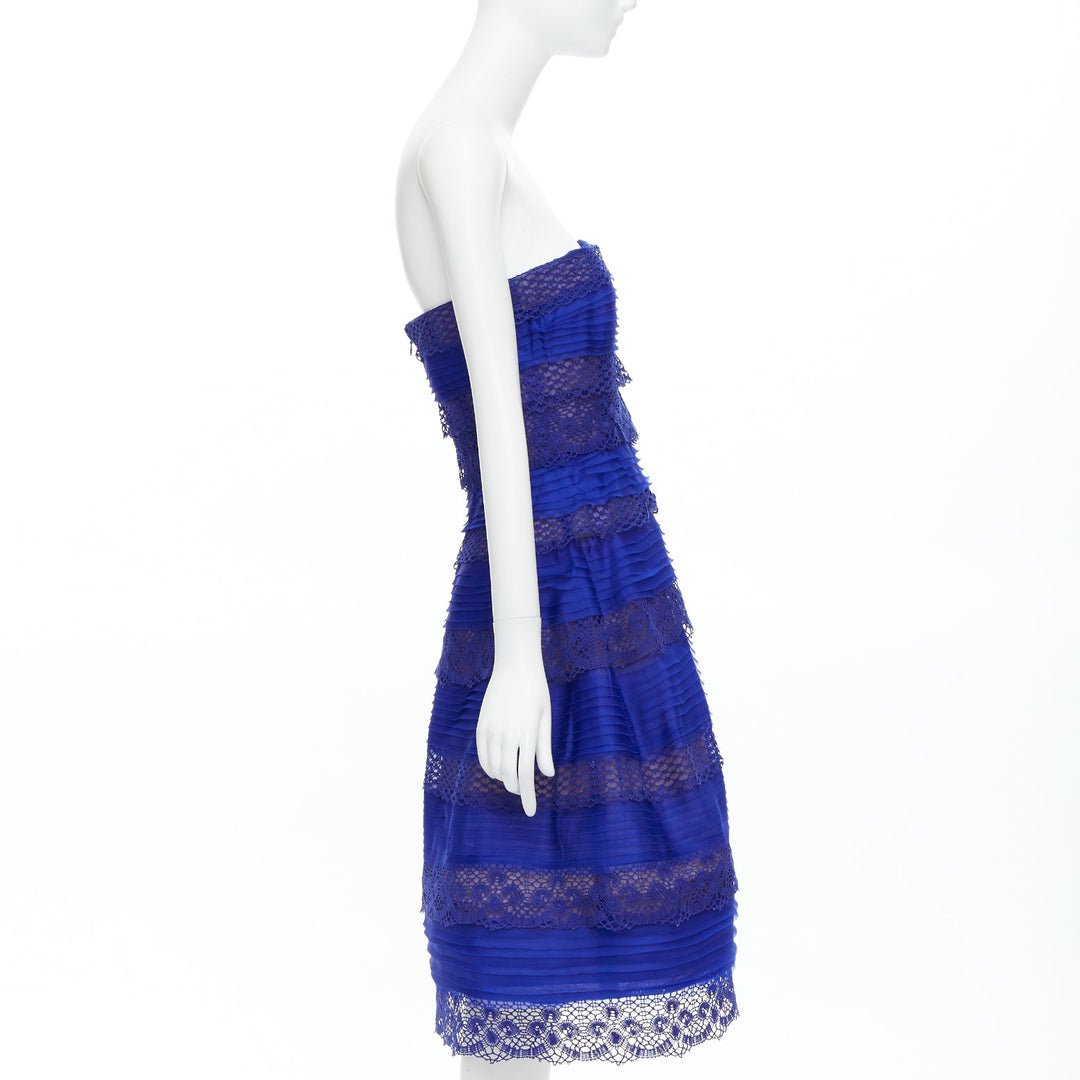 OSCAR DE LA RENTA 2014 blue lace trim overlay strapless cocktail dress US4 S