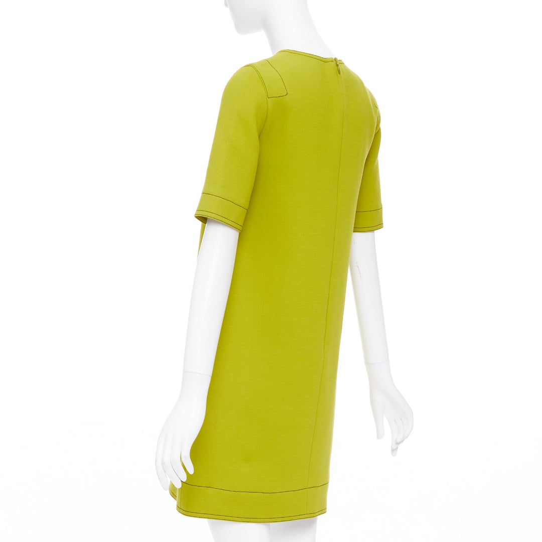 MARNI lime green 100% virgin wool overstitch silk lined shift dress IT36 XXS