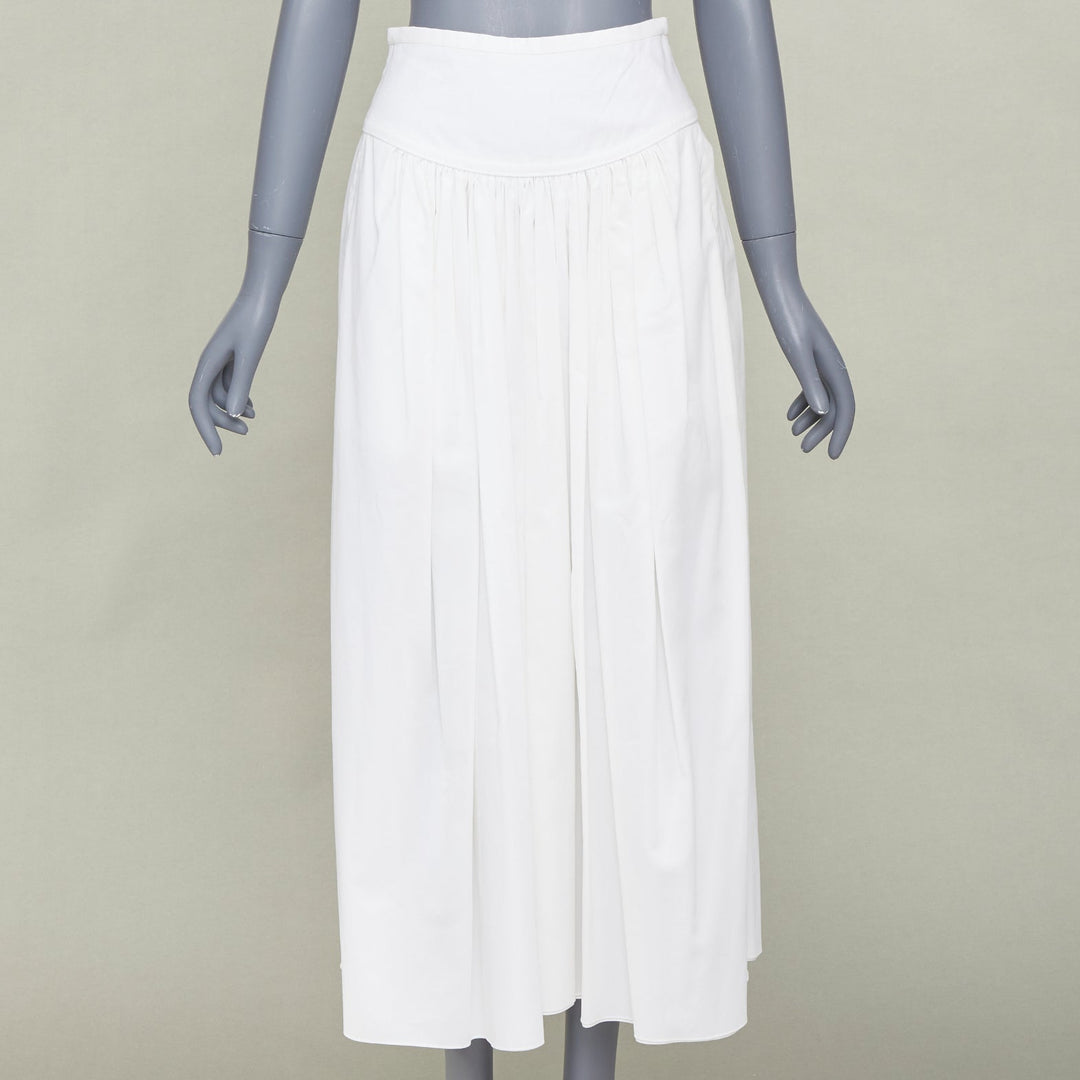 HERMES white cotton linen pleated drop waist casual flared midi skirt FR34 XS