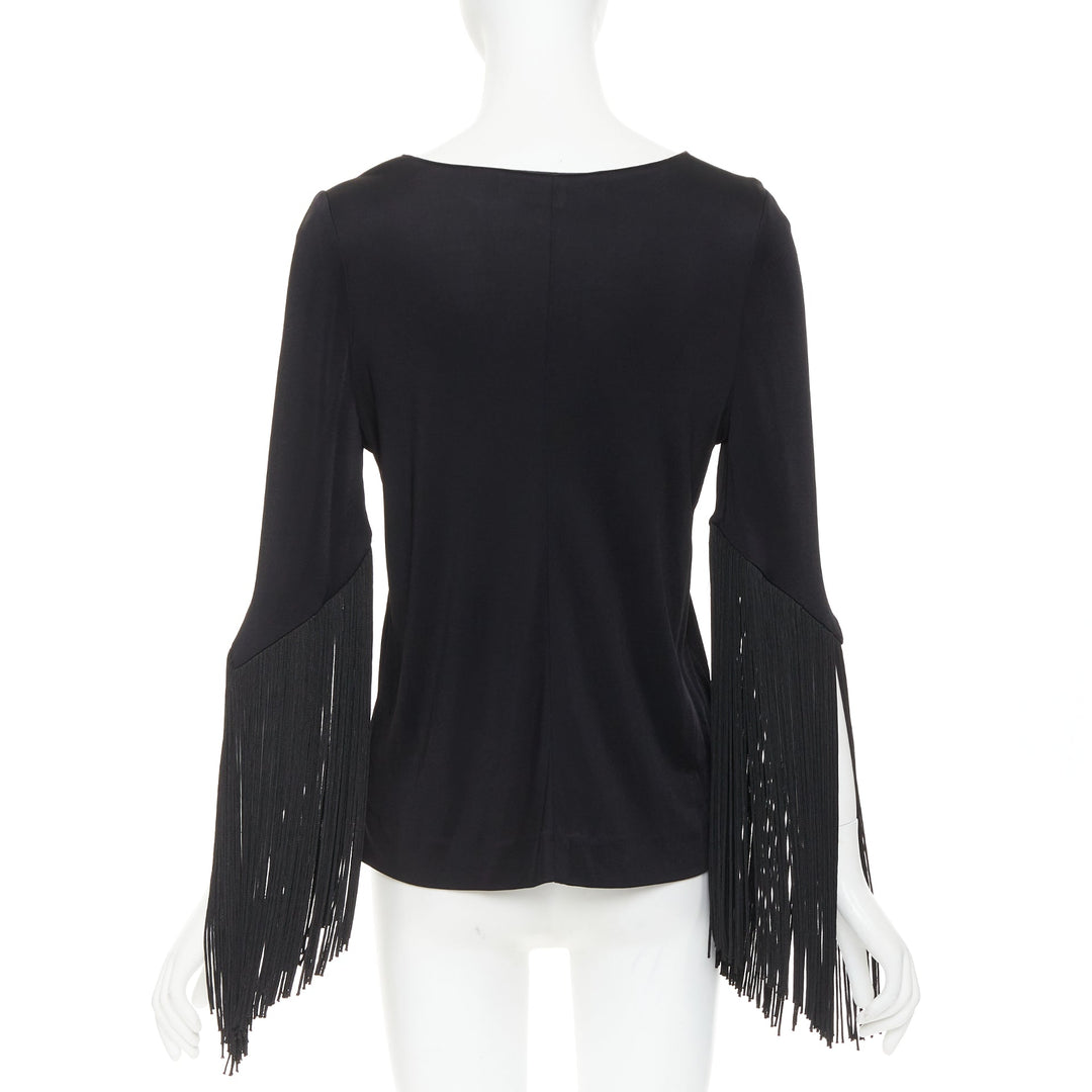 GALVAN 2018 Vesper black viscose fringe roped half sleeve bateau neck top FR40 S