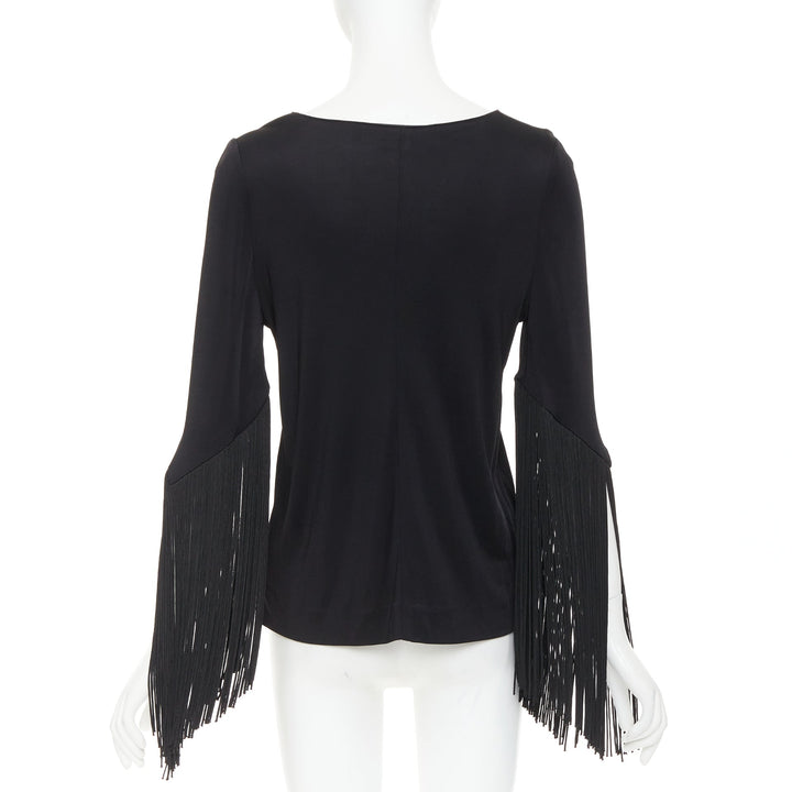 GALVAN 2018 Vesper black viscose fringe roped half sleeve bateau neck top FR40 S
