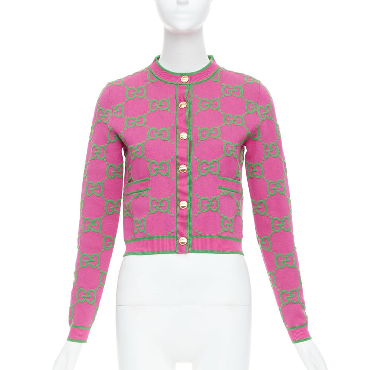 GUCCI 2023 pink green silk blend GG Jacquard crop cardigan XS