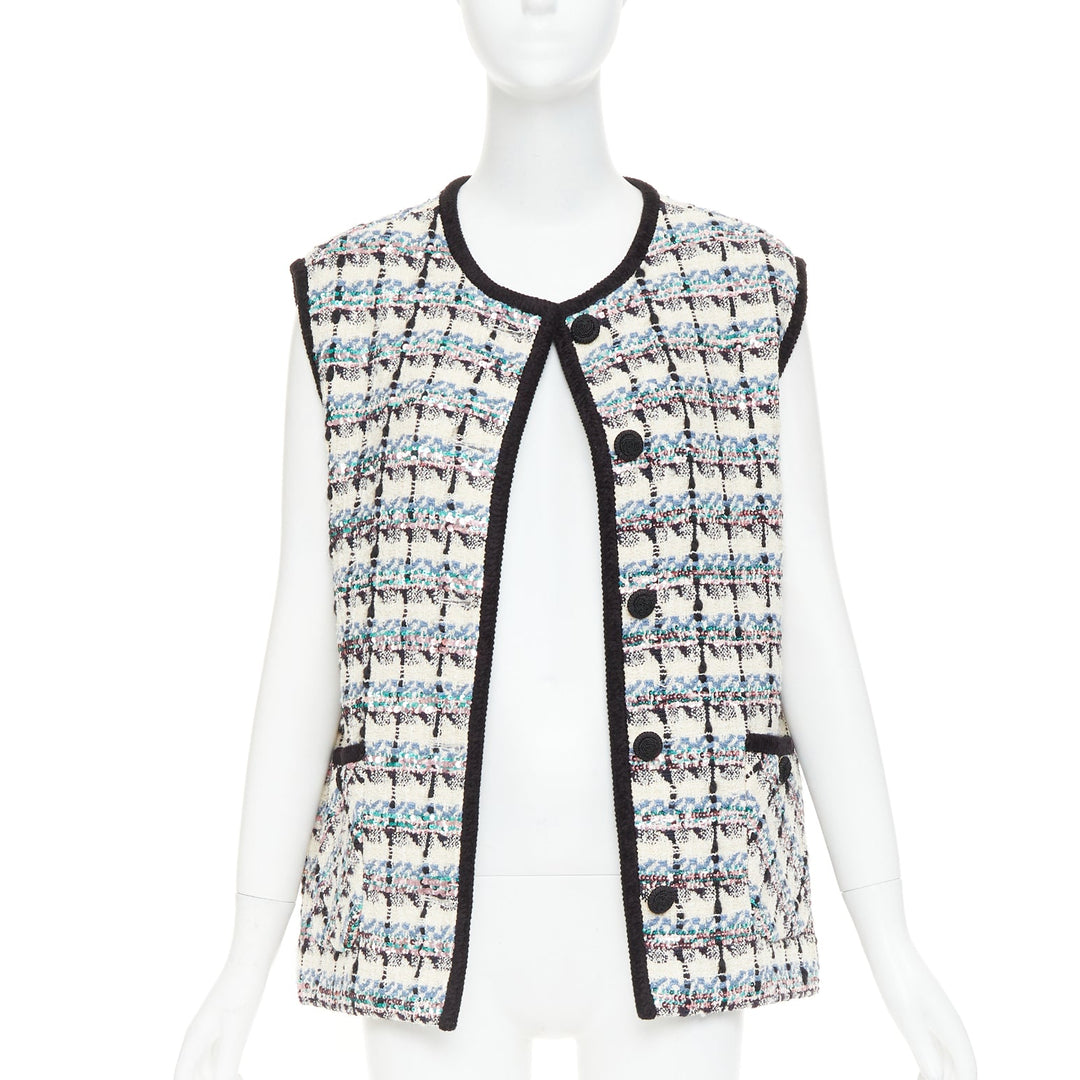 VALENTINO 2024 Mossi cream blue rose multicolour sequin tweed gilet vest  IT42 M