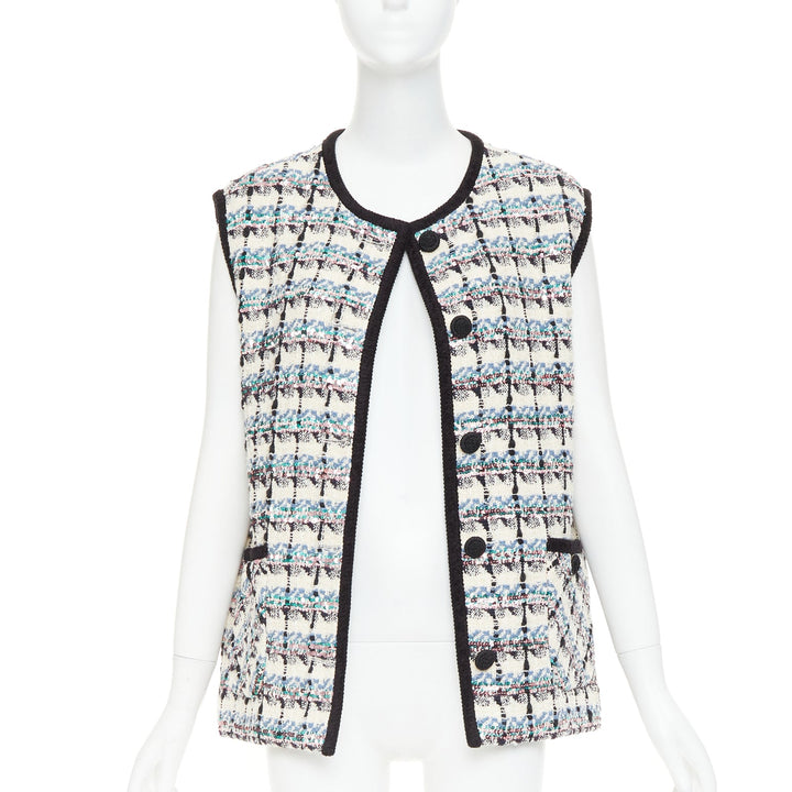 VALENTINO 2024 Mossi cream blue rose multicolour sequin tweed gilet vest  IT42 M