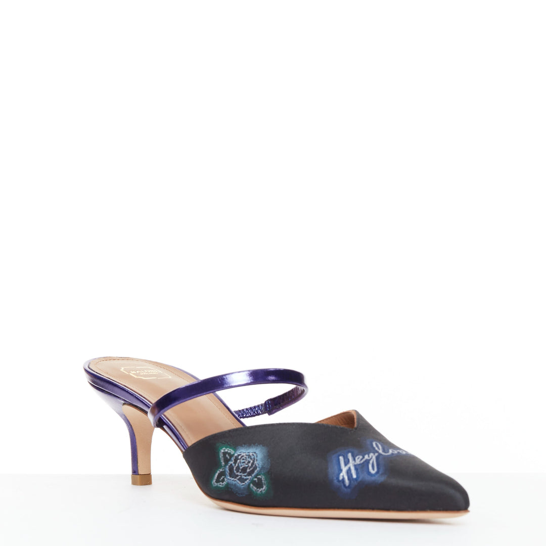 MALONE SOULIERS Marla Hey Lover blue black brocade satin strapped mules EU37