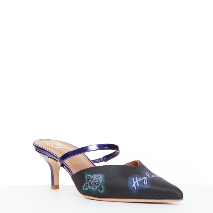 MALONE SOULIERS Marla Hey Lover blue black brocade satin strapped mules EU37
