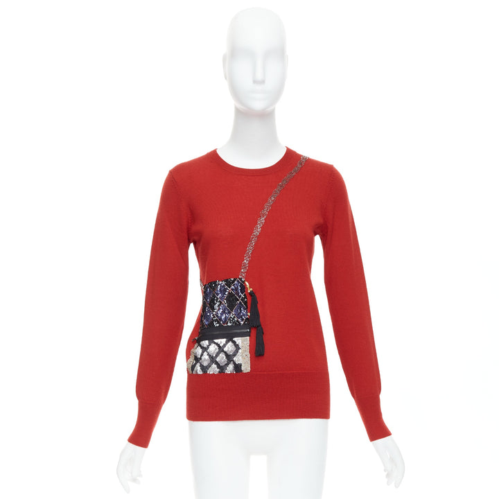 MARKUS LUPFER red trompe loeil bag sequin merino wool sweater S