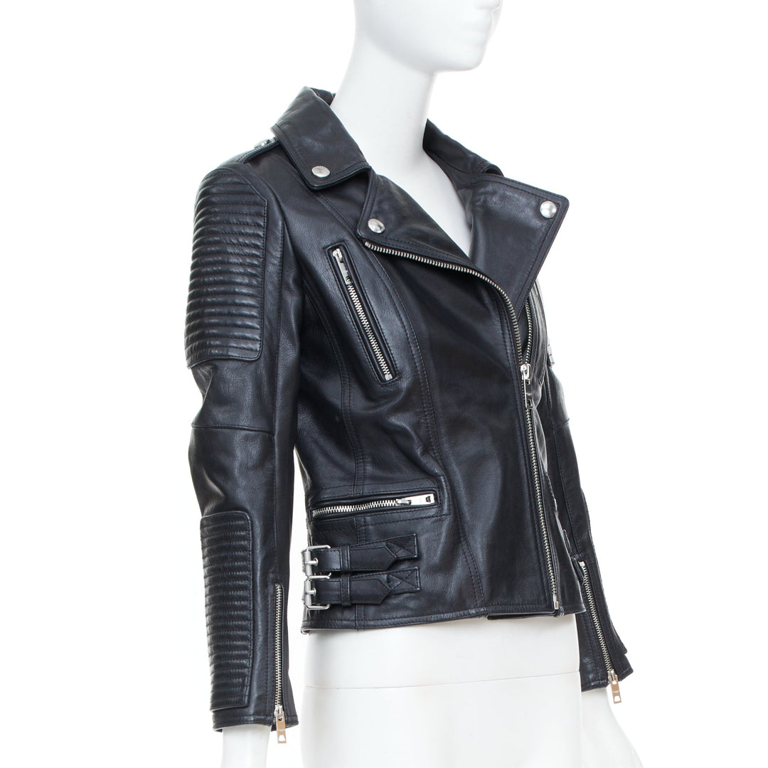 BURBERRY BRIT 2015 Loseley ribbed black cow grain leather moto jacket IT38 XS