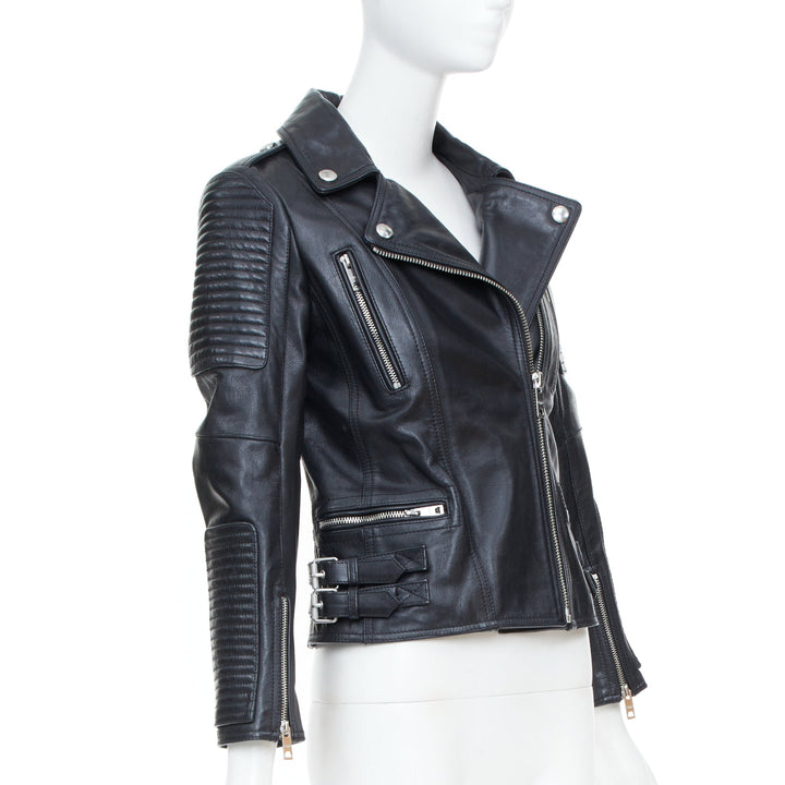 BURBERRY BRIT 2015 Loseley ribbed black cow grain leather moto jacket IT38 XS