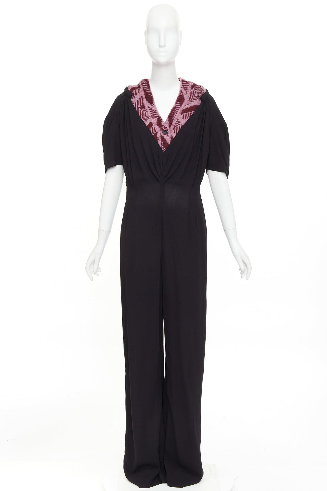 PRADA 2021 Runway pink sable jacquard wool knit trim pleated jumpsuit IT38 XS