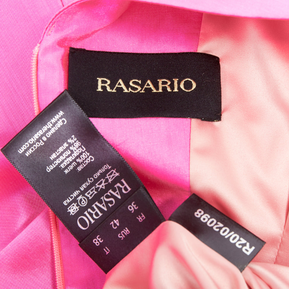 ROSARIO hot pink 100% silk shiny puff sleeves cinched waist midi dress FR36 S