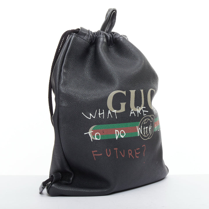 GUCCI 2017 Coco Capitan black leather graffiti drawstring backpack tote bag
