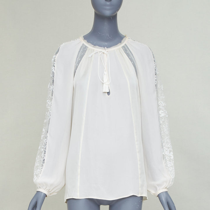 EMILIO PUCCI 100% silk ivory lace trim puff sleeves boho peasant blouse IT40 S