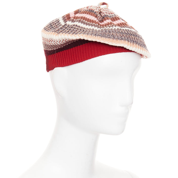 MISSONI red pink multicolor striped wool blend knitted beret hat
