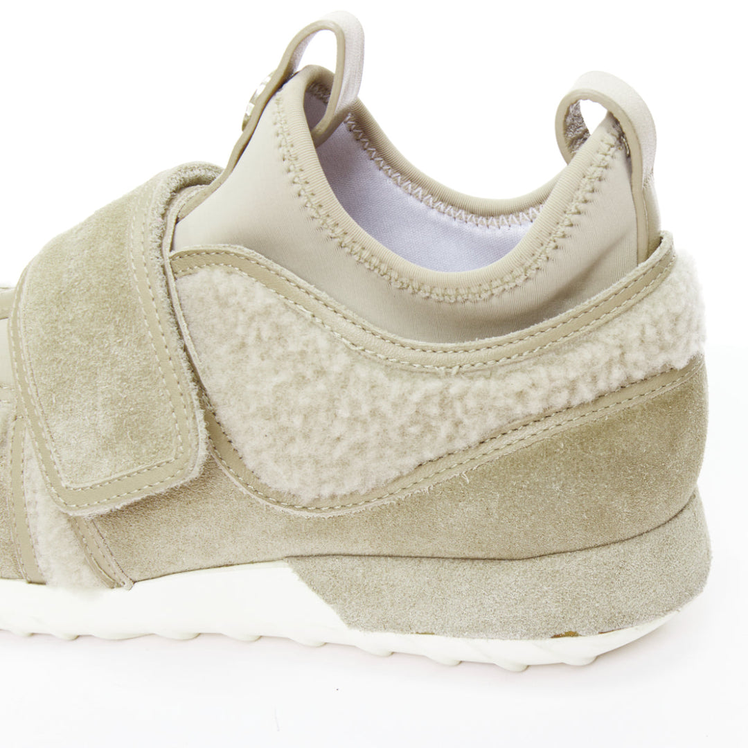 MONCLER stone suede shearling panels logo magic tape sneakers EU38