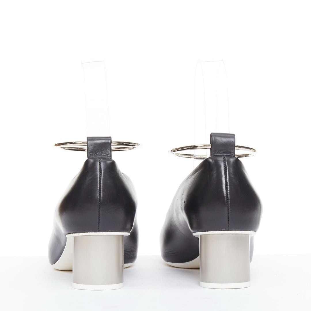 JIL SANDER black leather matte silver cylinder heel anklet ring pumps EU37