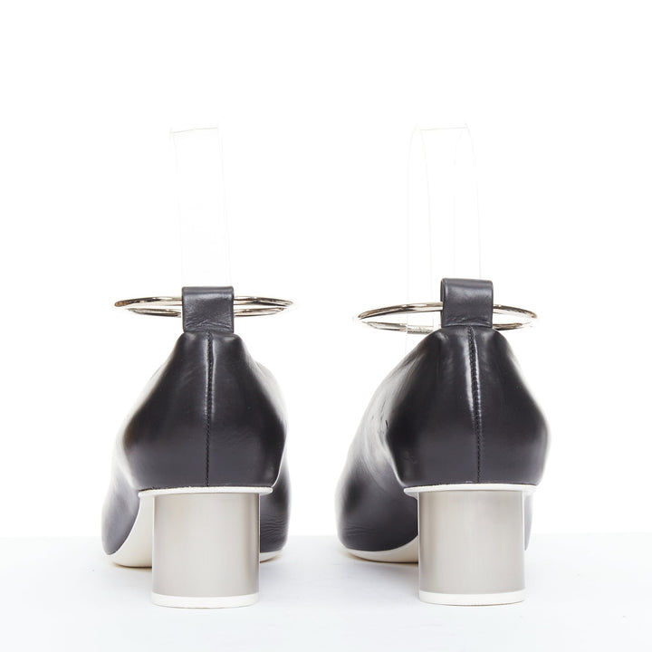 JIL SANDER black leather matte silver cylinder heel anklet ring pumps EU37