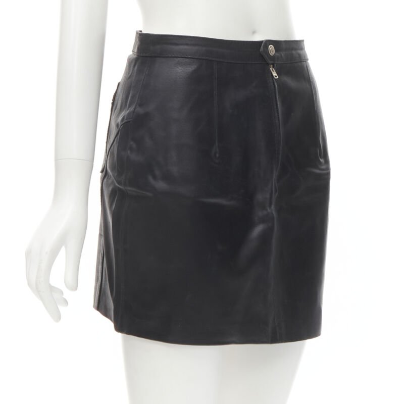 VERSACE JEAN COUTURE Vintage black leather Medusa zip contour mini skirt 28"