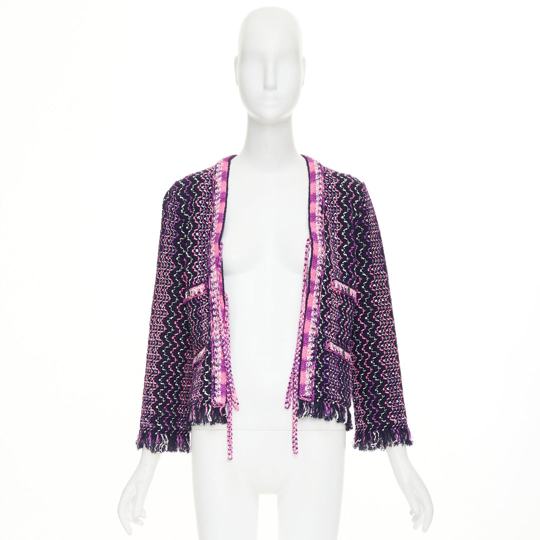 CHANEL 2021 P70494 fringe trim tie front tweed chevron cardigan jacket FR34 XXS