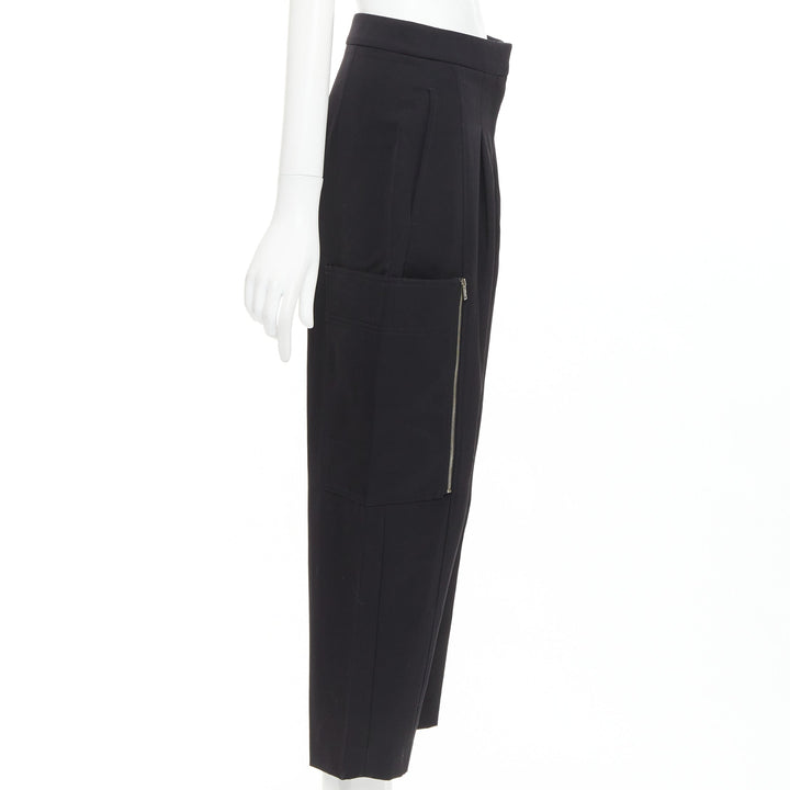 STELLA MCCARTNEY black wool twill silver zip pocketed tapered pants IT36 XXS