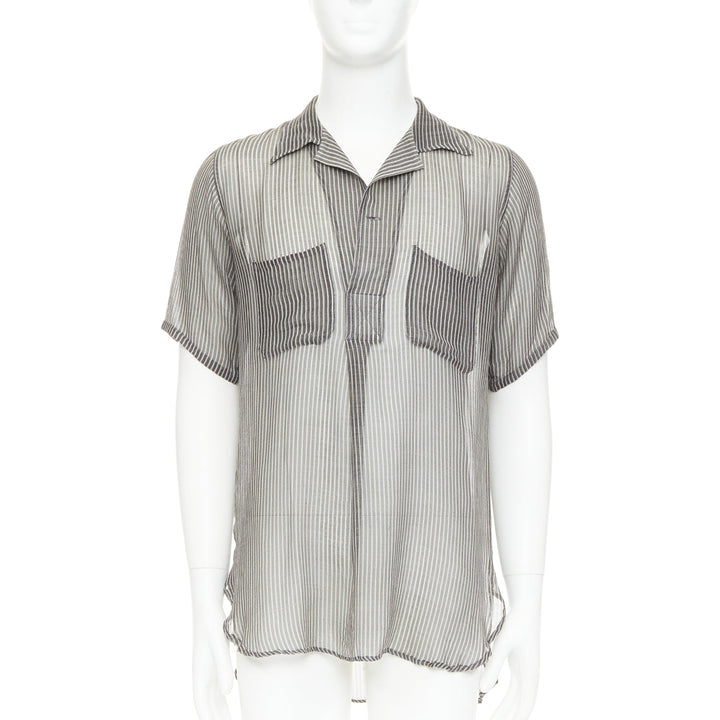 DRIES VAN NOTEN grey off white sheer striped buttoned polo shirt IT48 M