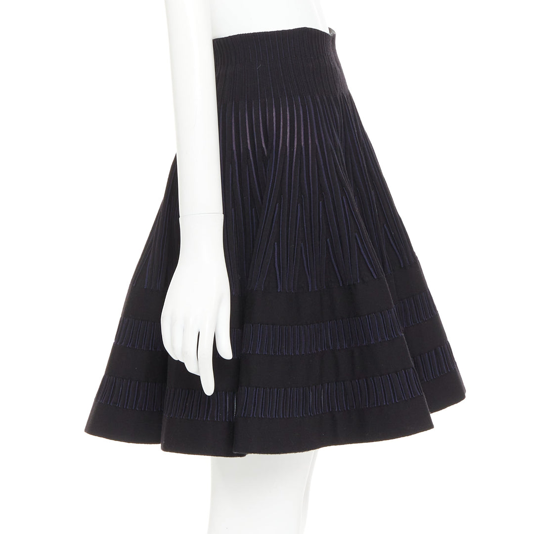 ALAIA navy black virgin wool silk blend high waist flared knitted skirt IT36 XXS