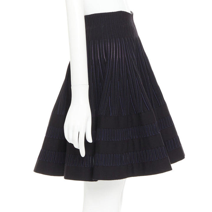 ALAIA navy black virgin wool silk blend high waist flared knitted skirt IT36 XXS