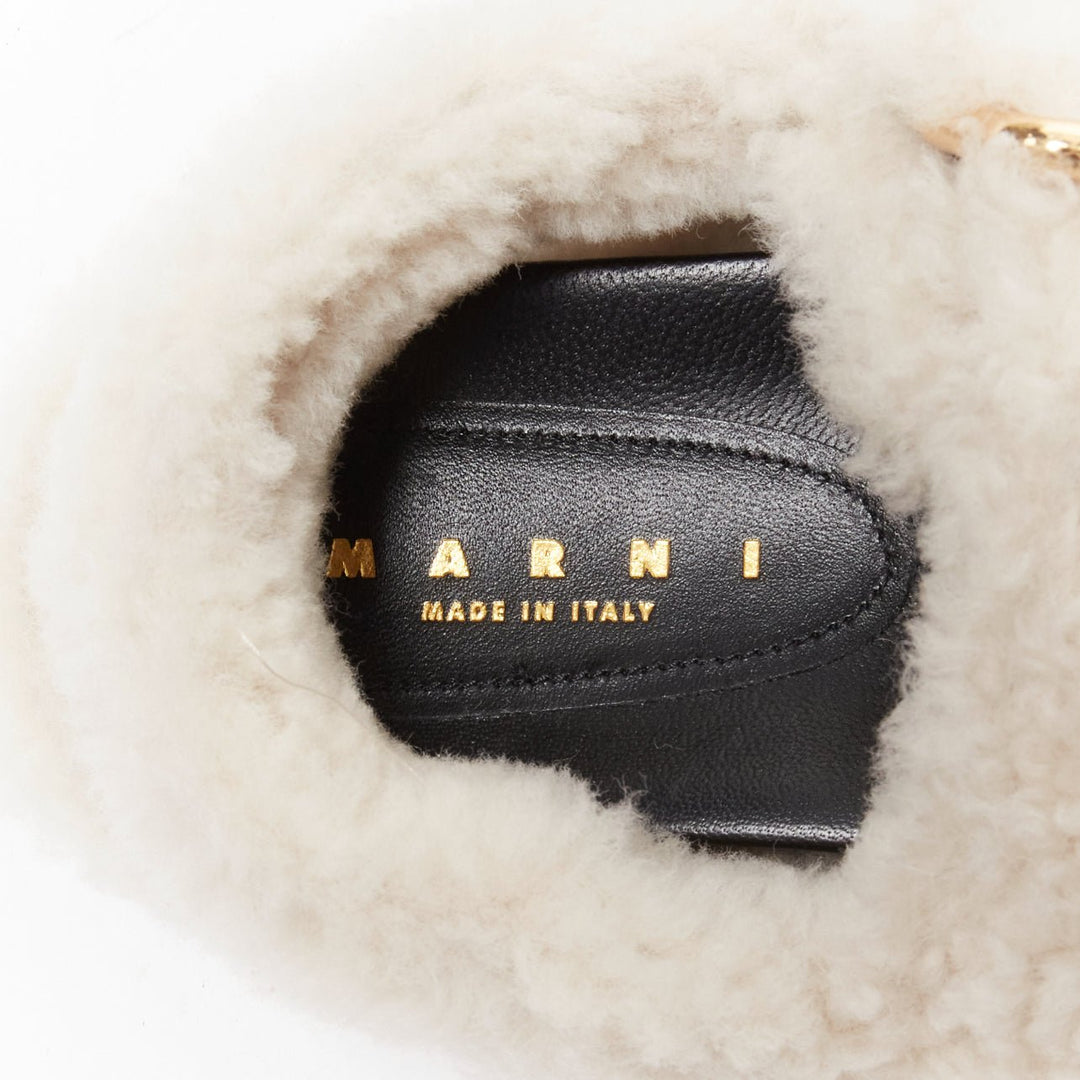 MARNI white shearling gold buckles double strap black lined flat sandals EU38