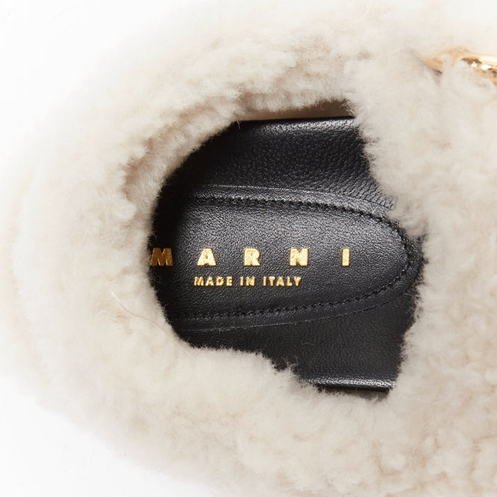 MARNI white shearling gold buckles double strap black lined flat sandals EU38