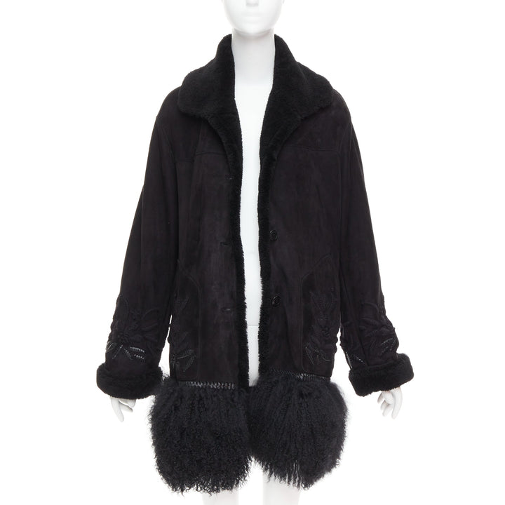 ERMANNO SCERVINO black multi sheep shearling leather embroidered coat IT40 S