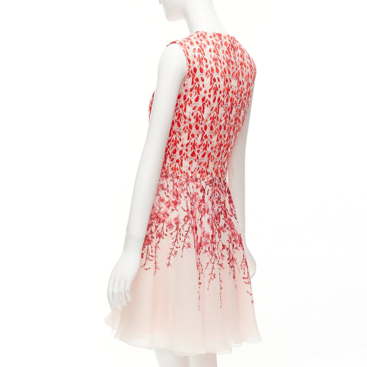 GIAMBATTISTA VALLI 100% silk red pink floral embroidery fit flare dress Sz44 M