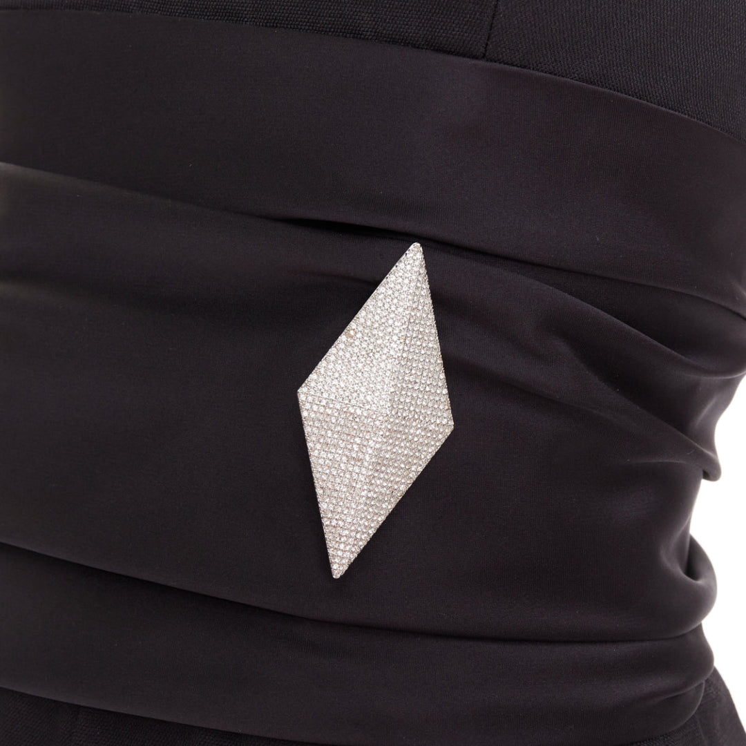 ALEXANDRE VAUTHIER COUTURE black crystal pave brooch strapless wide leg jumpsuit